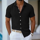 cheap Men's Button Up Shirts-Men's Shirt Summer Shirt Casual Shirt Beach Shirt Button Up Shirt Navy Blue Short Sleeve Plain Lines / Waves Lapel Casual Streetwear Clothing Apparel Fashion Casual Comfortable Smart Casual