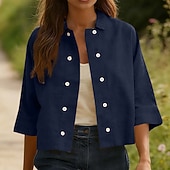 baratos Camisas-Mulheres Camisa Social Camisas com toque de linho Camisa casual camisa de botão Botões Côr Sólida Férias Vintage Moda Meia Manga Aberto para a Lateral Tops regulares Diário Feriado Roupa de Praia