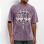  Herren-T-Shirt mit Wolfskopf- und Wikingerschild-Emblem im Acid-Wash-Vintage-Streetwear-Stil, Kurzarm, Rundhalsausschnitt, lässige Alltagskleidung, Designer-Bekleidung, Größen: S, M, L, XL, XXL, XXXL