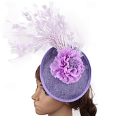 baratos Fascinadores-Fascinadores Linho Casamento Vintage Estilo bonito Retro Com Penas Flor Capacete Chapéu