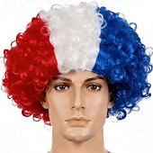 baratos Perucas de Carnaval-Peruca afro listrada tricolor - cabelo cacheado nas cores da bandeira nacional para fãs de esportes