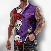 abordables Chemise vintage-Homme Squelette Rose Crânes Chemise Chemise Boutonnée T-shirt sans manches Sans manches Style gothique sombre Extérieur Décontracté Été Printemps Col Rabattu Impression 3D Deux poches avant Noir
