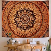 baratos Tapeçarias de Parede-Tapeçaria de parede mandala boêmia em tons de laranja queimado, com intrincado medalhão floral, arte étnica tribal boho para decoração de casa, sala de estar, quarto ou escritório.