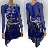 ieftine Rochii de patinaj artistic-Rochie de Patinaj Artistic Pentru femei Πατινάζ στο πάγο Rochii Albastru Marin Închis Peteci Tiv Asimetric Strech Antrenament Competiție Ținută Patinaj Clasic Cristale / Strasuri Manșon Lung Patinaj