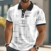 billiga Geometrisk pikétröja för män-Herr Geometrisk Linje Polo Kortärmad Polotröjor Skjortor med krage Business Casual Utomhus Fritids- Dagliga kläder Ficka 3D-utskrift Knappar Sommar Blå Svartvit Svart