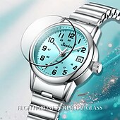 abordables Montres à quartz-Montre femme facile à lire, à quartz, avec bracelet extensible en acier inoxydable, cadran bleu turquoise avec affichage de la date, étanche, élégante et décontractée, idéale comme cadeau pour femme