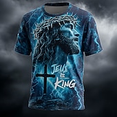  Camiseta Masculina dos Cruzados Bíblia Jesus É Rei Coroa de Espinhos Cruz Relâmpago Azul Elétrico Poderoso Cristão Religioso Estampa Total Camiseta de Manga Curta Gola Redonda Presente da Igreja
