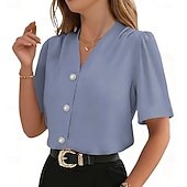 cheap Plain Blouses-Women's Shirt Dress Shirt Button Up Shirt Ruched Buttons Solid Color Elegant Fashion Daily Short Sleeve V Neck Regular Tops Streetwear Office Work Blue Black White Red Apricot Summer Spring