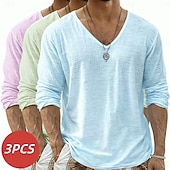 economico T-shirt in Cotone e Lino-Per uomo Maglietta Maglietta in lino Manica Lunga Scollo a V Primavera &amp; Estate Estate Primavera Tinta unica Semplice Quotidiano Casual Stile da Strada 3 pezzi Puro Confezione multipla Casuale