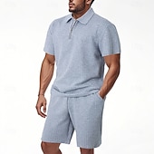 billige Basic Tees-sett for menn-Herre Polo T-skjorte drakter Joggedress Shorts og T-skjorte sett Kortermet Kort Erme Aftæpning Sommer Fargeblokk Gymnastik Fritid Jacquard Glidelås 2 deler Avslappet Feriereise Dagligdagstøy Svart