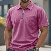 abordables Polo classique pour homme-Homme Polo Chemise 100% coton délavée à l'acide Occasionnel Tenue quotidienne Zip quart Manche Courte ancien Basique Uni Avec Poches Affligé Été Coupe régulière Vert Armée Noir Rose Claire bleu
