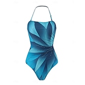cheap One-piece swimsuits-Women's Swimwear One Piece Monokini Swimsuit Tummy Control High Waist Slim Backless Vacation Beach Wear Ombre Leaves Halter Neck Sleeveless Bathing Suits