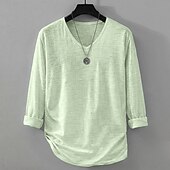お買い得  コットンリネンTシャツ-男性用 ティートップ リネンTシャツ 長袖 Ｖネック 夏 春 純色 平織り 日常 カジュアル ストリートスタイル 平織り カジュアル アウトドア ストリート ホワイト メンズトップTシャツ
