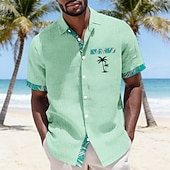 cheap Tropical Plants-Men's Coconut Tree Tropical Plants Hawaiian Shirt Crinkle Shirt Seersucker Shirt Short Sleeve Hawaiian Beach Vacation Wear Summer Spring Turndown Soft Button Up Shirts Blue White Pink Green