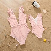 cheap Daily Family Matching-Mommy and Me Swimsuit Jumpsuit Solid Color Casual Ruched Black Pink Sleeveless Active Matching Outfits