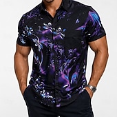abordables Plantas tropicales-Hombre Floral camisa hawaiana Manga Corta Hawaiano Complejo Casual Verano Primavera Cuello Vuelto Abotonar Bolsillo Negro Azul Piscina Morado Verde Trébol