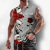 abordables Chemise vintage-Homme Squelette Rose Crânes Chemise Chemise Boutonnée T-shirt sans manches Sans manches Style gothique sombre Extérieur Décontracté Été Printemps Col Rabattu Impression 3D Deux poches avant Noir