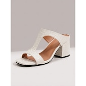 ieftine Femei-Sandale elegante pentru femei, albe, cu imprimeu crocodil - sandale elegante cu toc bloc și vârf pătrat, pentru seri formale pe nave de croazieră, seară festivă &amp;vacanțe de vară la stațiuni turistice