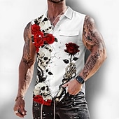 abordables Chemise vintage-Homme Squelette Rose Crânes Chemise Chemise Boutonnée T-shirt sans manches Sans manches Style gothique sombre Extérieur Décontracté Été Printemps Col Rabattu Impression 3D Deux poches avant Noir