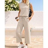 abordables Survêtements-Femmes Ensembles de survêtements à enfiler Survêtement 2 pièces Tenues de détente Cordon de serrage avec poche Couleur Unie Ensemble de vêtements de sport Été Printemps Bleu marine Noir Entraînement