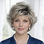baratos peruca mais velha-Peruca curta e elegante prateada para mulheres - estilo pixie despenteado com volume natural
