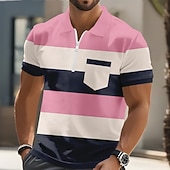 ieftine Polo geometric pentru bărbați-Bărbați Dungi Tricouri polo Manșon scurt Tricouri de polo Cămăși cu guler Casual În aer liber Îmbrăcăminte Atletică Concediu Buzunar Imprimare 3D Polo cu fermoar sfert Primavara vara Albastru piscin
