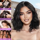 baratos Perucas Sintéticas sem Touca-Peruca preta natural de 35 cm (14 polegadas) para mulheres - peruca ondulada na altura dos ombros com risca ao meio, corte bob ondulado natural em fibra sintética resistente ao calor, ideal para uso