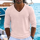 Недорогие Хлопковые Льняные Футболки-Муж. Футболка Футболка из льна Длинный рукав V-образный вырез Лето Весна Весна лето Сплошной цвет Полотняное плетение Текстура Повседневные На каждый день Уличный стиль Гладкая ткань
