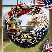  Dřevěná cedule s vlasteneckou cedulí k 250. výročí USA, dekorace na dveře s orlem, Zvonem svobody a Sochou svobody ke Dni nezávislosti, 1776–2026, dekorace na vstupní dveře ke 4. červenci