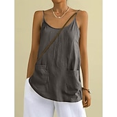 baratos Blusas Simples-Regata feminina com bolso, lisa, moderna, elegante, clássica, sem mangas, gola redonda, ideal para uso diário, passeios e fins de semana. Cores: azul, preta, branca, amarela, rosa. Verão e primavera.