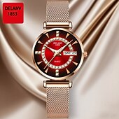 billige Kvartsklokker-Dameklokke i roségull med rød gradert urskive og strass, luksuriøst kvartsarmbåndsur med dagdato og kalendervisning, justerbar nettingrem, elegant motesmykke, gave til mor og kone.