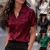 billige Enkle bluser-Dame Skjorte Sateng skjorte Dresskjorter Skjorte med knapper Lomme Knapper Helfarge عادي Elegant Mote Klassisk Kortermet Aftæpning Vanlige topper Daglig Kontor Arbeid Svart Hvit Vin Grønn Sommer Vår
