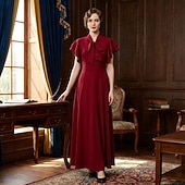 abordables Vestidos de los años 20-Vintage Rugido 20s 1920s Longitud Larga Vestidos Vestido Flapper Mangas cortas El gran Gatsby charlestón Color sólido Corte A Escote en Pico Disfraz Mujer Víspera de Todos los Santos Carnaval bar