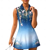 cheap Women's Tennis Dress-Women's Gradient Floral Floral Botanical Tennis Dress Sports Dress Sleeveless Floral Breathable Tennis Golf Badminton Polo Collar Zip Collar Dress Blue and White Tennis Clothing