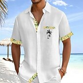 preiswerte Tropische Pflanzen-Herren Kokospalme Tropische Pflanzen Blumen Hemd Hawaiihemden Alohahemd Kurzarm Hawaiianisch Urlaub Ferien Sommer Umlegekragen 3D-Druck Eine Tasche vorne Leinenähnliches Hemd Blau Gelb Rosa Grün