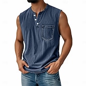 Χαμηλού Κόστους Αμάνικα Μπλουζάκια Γυμναστικής-Ανδρικό vintage γιλέκο 100% βαμβάκι, αμάνικο πουκάμισο Henley, καλοκαιρινό, φθινόπωρο, απλό, σχεδιαστής μόδας, κλασικό, διακοπές, δρόμος, μαύρο, ροζ, μπλε, μπλουζάκι για άνδρες