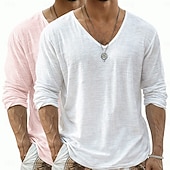  Camiseta de lino para hombre, 2 piezas, manga larga, cuello en V, verano, primavera &Conjunto de 2 piezas liso para verano, color liso, para uso diario, estilo urbano, informal, para exteriores, color