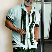 abordables Forme Géométrique-Homme Géométrique Rayé 钻石纹 Chemise Chemise Boutonnée Chemise à col camp Manche Courte Mode Décontractée Vêtements de rue Vacances Été Printemps Col cubain Impression 3D Bleu Kaki clair Vert