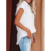 cheap Plain Blouses-Women's Blouse Cotton Shirt Buttons Solid Color Vintage Daily Stylish Short Sleeve Shirt Collar Regular Tops Daily Blue Black White Pink Wine Summer Spring