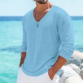 abordables T-shirts en Coton et Lin-Homme T-shirt T-shirt en lin manche longue Col en V Printemps &amp; Été Été Printemps Couleur Unie Uni Quotidien Occasionnel street style Pur Occasionnel Extérieur Rue Bleu Blanche Bleu Clair T-shirt