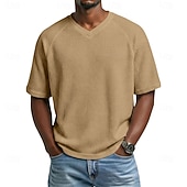 cheap Waffle Knit Tee-Men's Waffle T-shirt T Shirt Short Sleeve Shirt Tee Top Short Sleeve V Neck Summer Spring Solid Color Vintage Streetwear Stylish Raglan Sleeves Daily Outdoor Vacation Blue Army Green Dark Blue Top