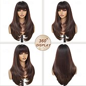 baratos Perucas Sintéticas sem Touca-Peruca castanha com mechas e franja para mulheres, peruca castanha longa e ondulada, peruca castanha em camadas de 66 cm (26 polegadas).