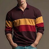 abordables Men's Rugby Polo-Hombre Bloque de color Rayas Polo de rugby Manga Larga Camisas de polo Camisas con cuello Casual Exterior Ropa Deportiva Impresión 3D Primavera Otoño Marrón oscuro Morado Verde Trébol