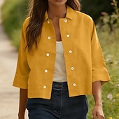 baratos Camisas-Mulheres Camisa Social Camisas com toque de linho Camisa casual camisa de botão Botões Côr Sólida Férias Vintage Moda Meia Manga Aberto para a Lateral Tops regulares Diário Feriado Roupa de Praia