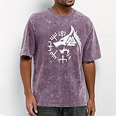  T-shirt vintage streetwear con stampa vichinga lupo fenrir valknut runica bussola mitologia norrena lavaggio acido da uomo, manica corta girocollo casual abbigliamento quotidiano abbigliamento firmato