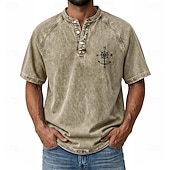 abordables Винтаж и ретро-SoftFade™ Men's Demin Shirt 100% Cotton Acid Wash Shirt Henley Top Short Sleeve Vintage Distressed Casual Home Street Summer Spring Black Pink Light Green Gray Light Blue Stand Collar Henley
