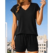 abordables Chándales-Mujer Conjuntos de chándal tipo jersey Chándal de 2 piezas Pantalones cortos deportivos Correa con bolsillo Color sólido Conjunto de ropa deportiva Verano Primavera Caqui Negro Entrenamiento de