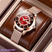 billige Kvartsklokker-Dameklokke i roségull med rød gradert urskive og strass, luksuriøst kvartsarmbåndsur med dagdato og kalendervisning, justerbar nettingrem, elegant motesmykke, gave til mor og kone.