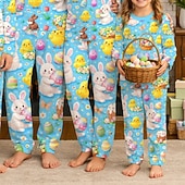 abordables Easter Family Matching Outfits-Family Easter Pajamas Graphic Bunny Casual Print Blue Long Sleeve Vacation Matching Outfits
