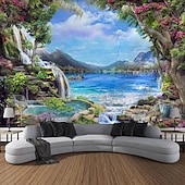 abordables Tapices de pared-Tapiz de pared 3D realista con paisaje natural, cascada y lago azul, bosque de ensueño, montaña y flores. Tapiz colgante para sala de estar, dormitorio, residencia estudiantil, hogar y oficina.